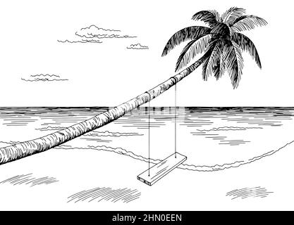 Palm swing sea coast graphic beach black white landscape sketch illustration vector Stock Vector