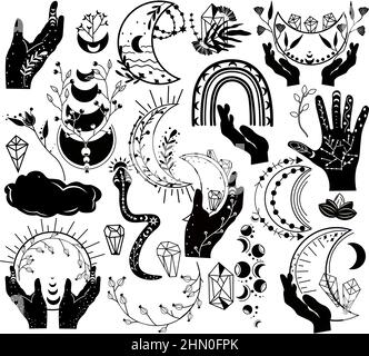 Celestial moon. Black and white Moon phase with flower. Mystical boho moon, mystic snake, crystal, sun, flowers. Witchcraft moon. Ramadan symbol. Vector illustration. Stock Vector