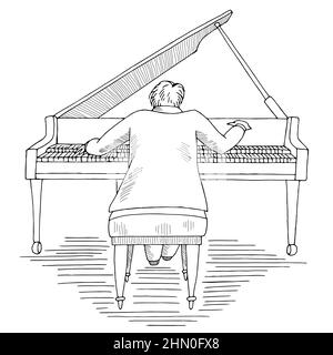 Pianist playing the grand piano graphic black white sketch illustration vector Stock Vector