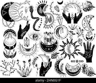 Celestial moon. Black and white Moon phase with flower. Mystical boho moon, mystic snake, crystal, sun, flowers. Witchy moon clipart. Ramadan symbol. Vector illustration. Stock Vector