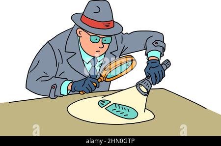 A detective with a flashlight investigates the trail, a man in a coat, hat and glasses Stock Vector