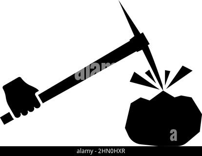 Pickaxe mining beats stones flying Holding in hand icon black color vector illustration image flat style simple Stock Vector
