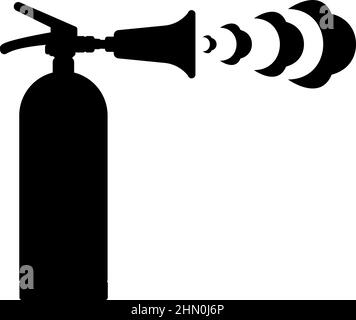 Fire extinguisher in action with foam bubbles jet for extinguishing puts out fire fighting icon black color vector illustration image flat style Stock Vector