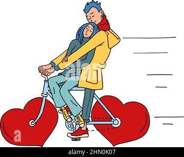 a couple in love rides a bicycle, a red valentine heart instead of wheels. Valentines day Stock Vector