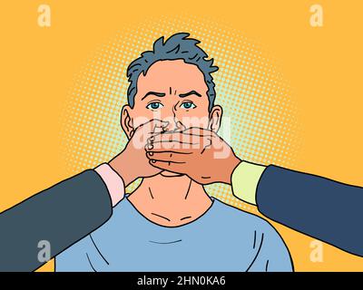 hands cover mouth of a person, censorship and restrictions on freedom of speech Stock Vector