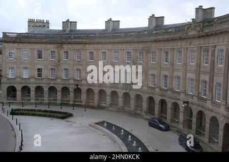 Buxton Crescent Ensana Hotel, Georgian building reopened in 2020 as luxury hotel and spa after many years of restoration work. View from hotel room. Stock Photo