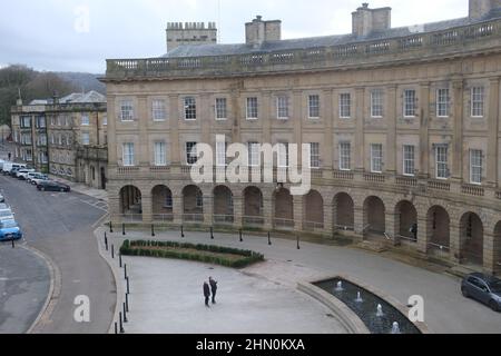 Buxton Crescent Ensana Hotel, Georgian building reopened in 2020 as luxury hotel and spa after many years of restoration work. View from hotel room. Stock Photo