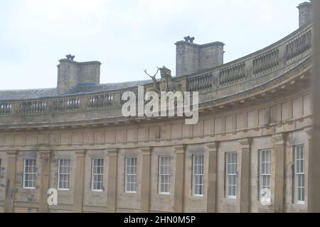 Buxton Crescent Ensana Hotel, Georgian building reopened in 2020 as luxury hotel and spa. View from hotel room showing crest of Duke of Devonshire Stock Photo