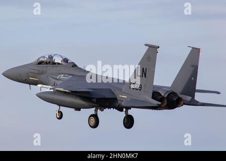 McDonnell Douglas F-15E Strike Eagle Landing at RAF Lakenheath. Stock Photo