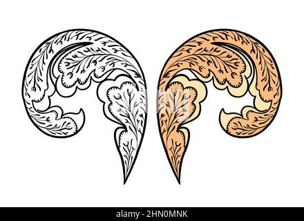 Illustration raster element paisley on in color and black and white version for coloring pages on white isolated background. High quality illustration Stock Photo