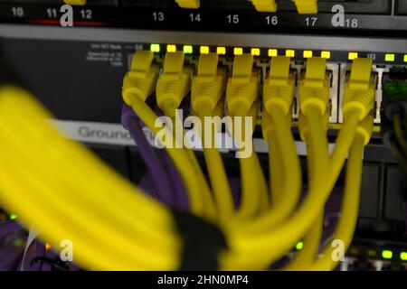 RJ45 yellow patch cables in the back of a data cabinet Stock Photo