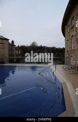 Buxton Crescent Ensana Hotel, Georgian building reopened in 2020 as luxury hotel and spa after many years of restoration work. The rooftop pool. Stock Photo