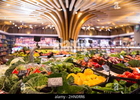 Spain Store Barcelona, Spain - April 28, 2021: Shelves of grocery store with ...