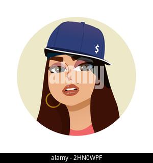 Colored avatar of a female rapper in flat style for printing, account design. Vector illustration Stock Vector