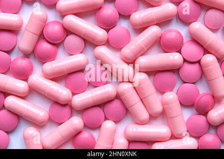 Different pills on color background, flat lay Stock Photo