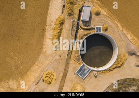 Top down aerial drone image of a sewage treatment (water reclamation) plant Building site Stock Photo