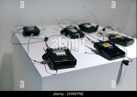 Clip-on microphones for a TV production Stock Photo