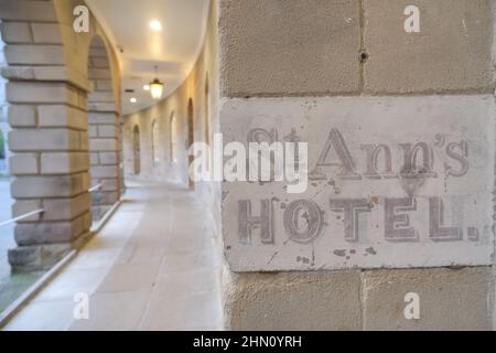 Ghost sign for former St Ann's Hotel on Buxton Crescent Ensana Hotel, reopened in 2020 as luxury hotel and spa after many years of renovation work Stock Photo