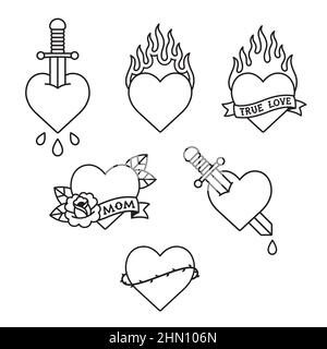 Traditional American Old School tattoo set. Heart tattoos with daggers, roses, scrolls and fire, thorn crowns and drops of blood. Black and white line Stock Vector