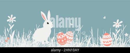 Easter border pattern. Cute Springtime holiday frame with bunny, ornamental Easter eggs. Easter long banner. Vector illustration. Stock Vector