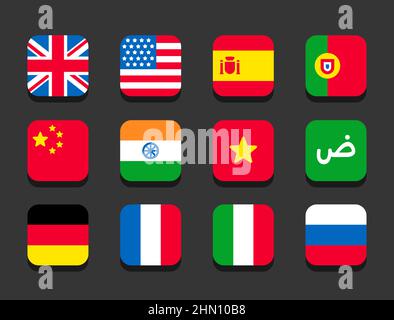 Popular languages icon set. Country flags in simple flat vector style. Stock Vector