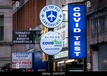 London, UK. 12th Feb 2022. Covid Test Walk-In Centre near Leicester Square. Credit: Guy Corbishley/Alamy Live News Stock Photo