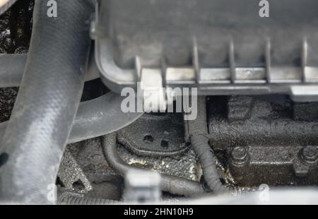 lubricant oil leaking of old car engine Stock Photo - Alamy
