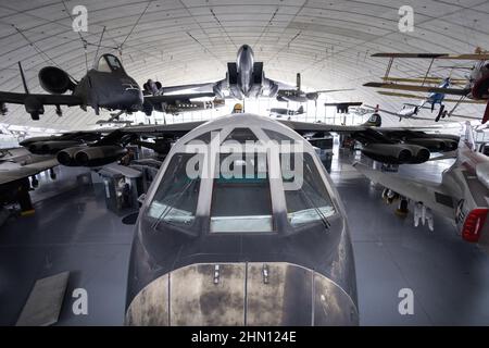 Historic B52 bomber from the cockpit; American air force planes in the American Hangar, IWM Duxford Imperial War Museum, Duxford Cambridgeshire UK Stock Photo