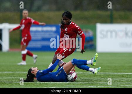 DURHAM CITY, UK. FEB 13TH Satara Murray of Bristol City and Lauren Briggs of Durham in action during the FA Women's Championship match between Durham Women FC and Bristol City at Maiden Castle, Durham City on Sunday 13th February 2022. (Credit: Will Matthews | MI News) Credit: MI News & Sport /Alamy Live News Stock Photo