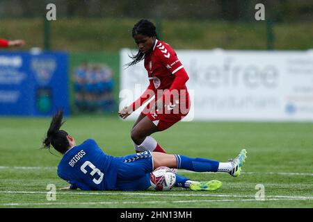DURHAM CITY, UK. FEB 13TH Satara Murray of Bristol City and Lauren Briggs of Durham in action during the FA Women's Championship match between Durham Women FC and Bristol City at Maiden Castle, Durham City on Sunday 13th February 2022. (Credit: Will Matthews | MI News) Credit: MI News & Sport /Alamy Live News Stock Photo