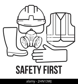 Occupational Safety and Health vector icons and signs set. Safety first, construction concept, safety hard hat, vector design Stock Vector
