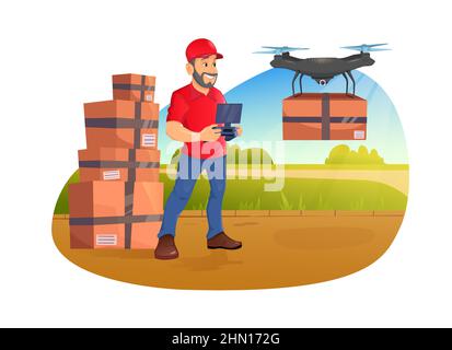 Man with beard controls drone delivery with wireless remote. Concept male employee character distributing boxes using modern technology device. Stock Vector