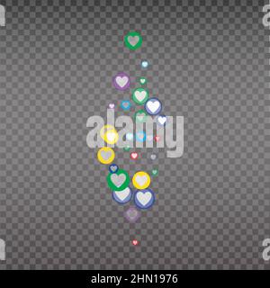 Live like, flying color hearts for stream. Live video and flying likes. Social media elements falling. Stock Vector