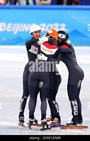 Team Netherlands celebrates gold on the podium in the Women's 4x440m ...