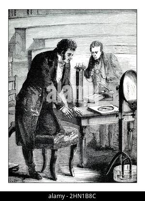 Science History, Danish physicist and chemist, Hans Christian Ørsted’s experiments with electricity and magnetism Stock Photo