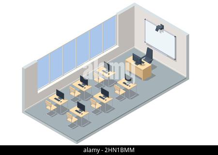 Isometric computer lab. Computer education in classroom. Computer classroom Stock Vector