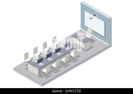 Isometric computer lab. Computer education in classroom. Computer classroom Stock Vector
