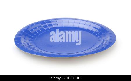 Blue paper disposable plate isolated on white. Side view. Stock Photo