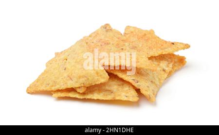 Heap of delicious nachos chips, isolated on white. Stock Photo