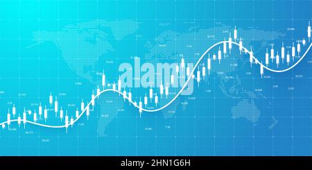 Abstract financial chart with uptrend line graph and world map on black and white color background. Business Candle stick graph chart of stock market Stock Vector