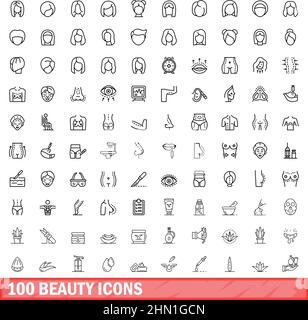 100 beauty icons set. Outline illustration of 100 beauty icons vector set isolated on white background Stock Vector