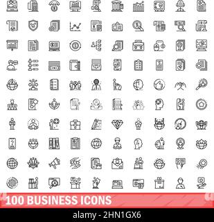 100 business icons set. Outline illustration of 100 business icons vector set isolated on white background Stock Vector