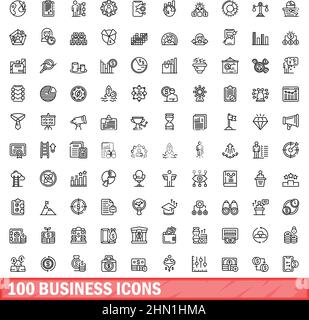 100 business icons set. Outline illustration of 100 business icons vector set isolated on white background Stock Vector