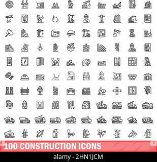 100 construction icons set. Outline illustration of 100 construction icons vector set isolated on white background Stock Vector