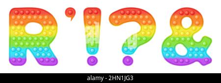 Popit font design addition - letter R and punctuation marks in style of trendy silicon fidget toys. Pop it toy for fidget in bright colors. Bubble let Stock Vector