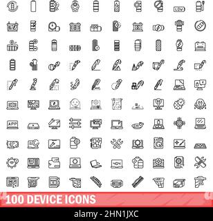 100 device icons set. Outline illustration of 100 device icons vector set isolated on white background Stock Vector