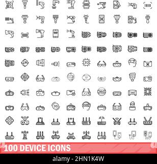 100 device icons set. Outline illustration of 100 device icons vector set isolated on white background Stock Vector