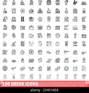 100 drink icons set. Outline illustration of 100 drink icons vector set isolated on white background Stock Vector
