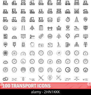 100 transport icons set. Outline illustration of 100 transport icons vector set isolated on white background Stock Vector
