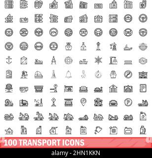 100 transport icons set. Outline illustration of 100 transport icons vector set isolated on white background Stock Vector